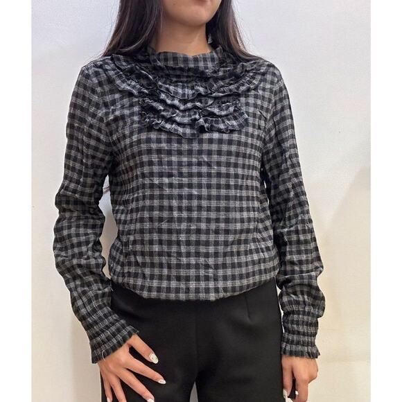 Zara Tops - ZARA Basic Denim Checkered Ruffle High Neck Detailing Long Sleeve Blouse